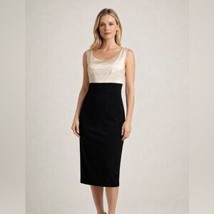 Maggy London Sheath Midi Dress Black Champagne Gold Size 8 sophisticated
